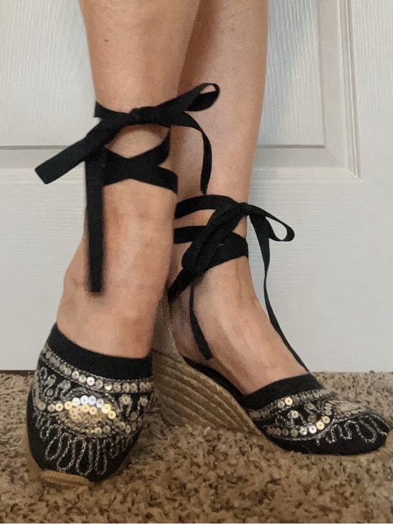Montego Bay Club Shoes - Montego Bay Club Black Sequin Ankle-Tie Wedge Espadrilles